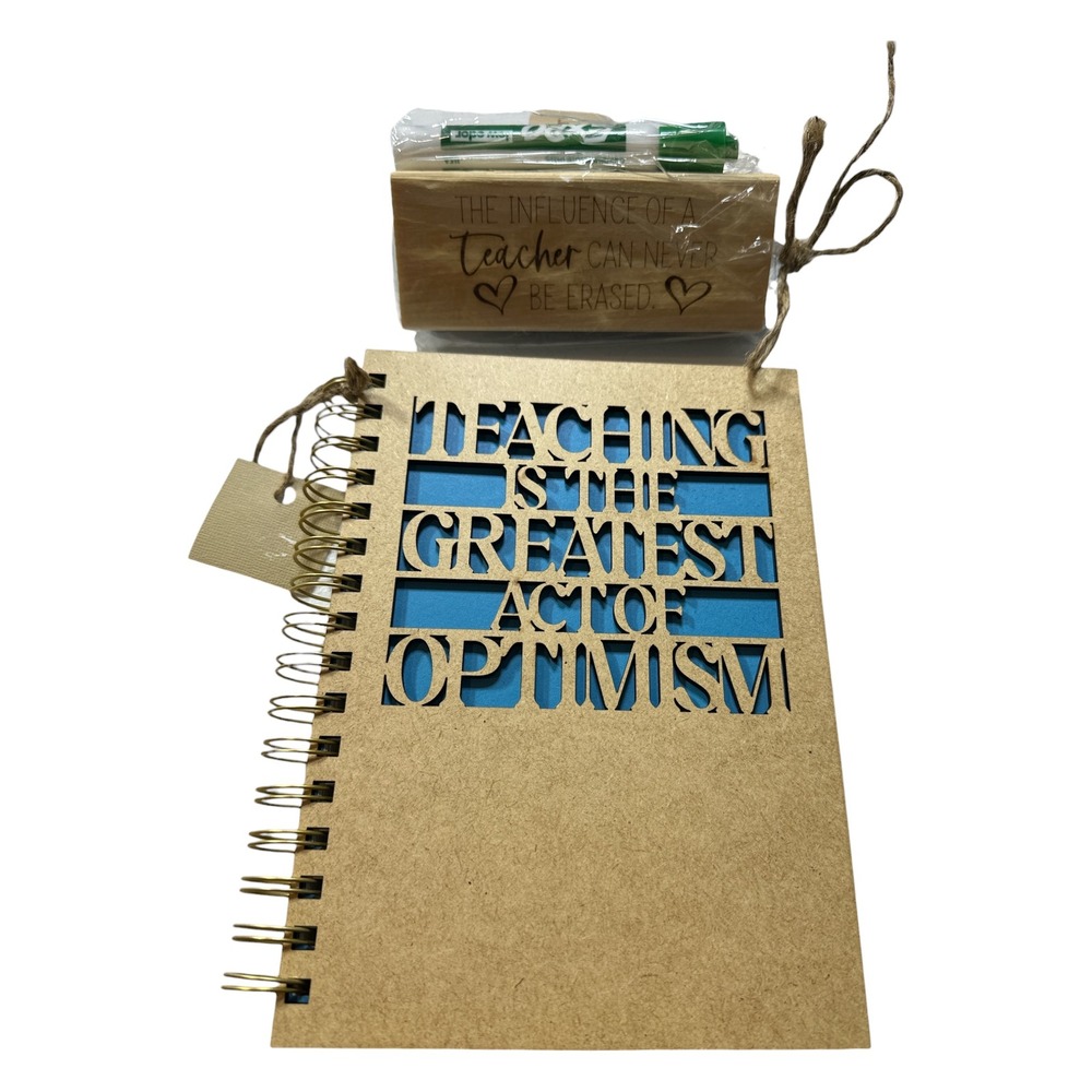 Teacher Appreciation Gift Set Spiral Notebook & Engraved Wooden Eraser w/ Marker